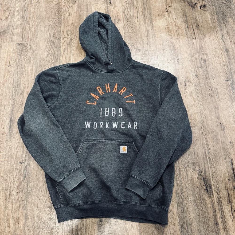 Carhartt Original Fit Hoodie Mens M Gray 1889 Workwear Logo Pullover Sweatshirt